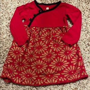 Red Floral Dress with Gold Accents